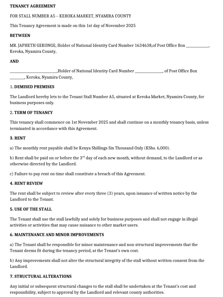 Tenancy Agreement for Stall A5, Keroka | PDF | Leasehold Estate | Lease