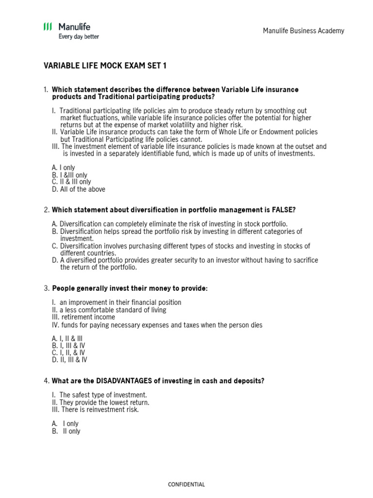 Variable Life Insurance Mock Exam Questions | PDF | Life Insurance ...