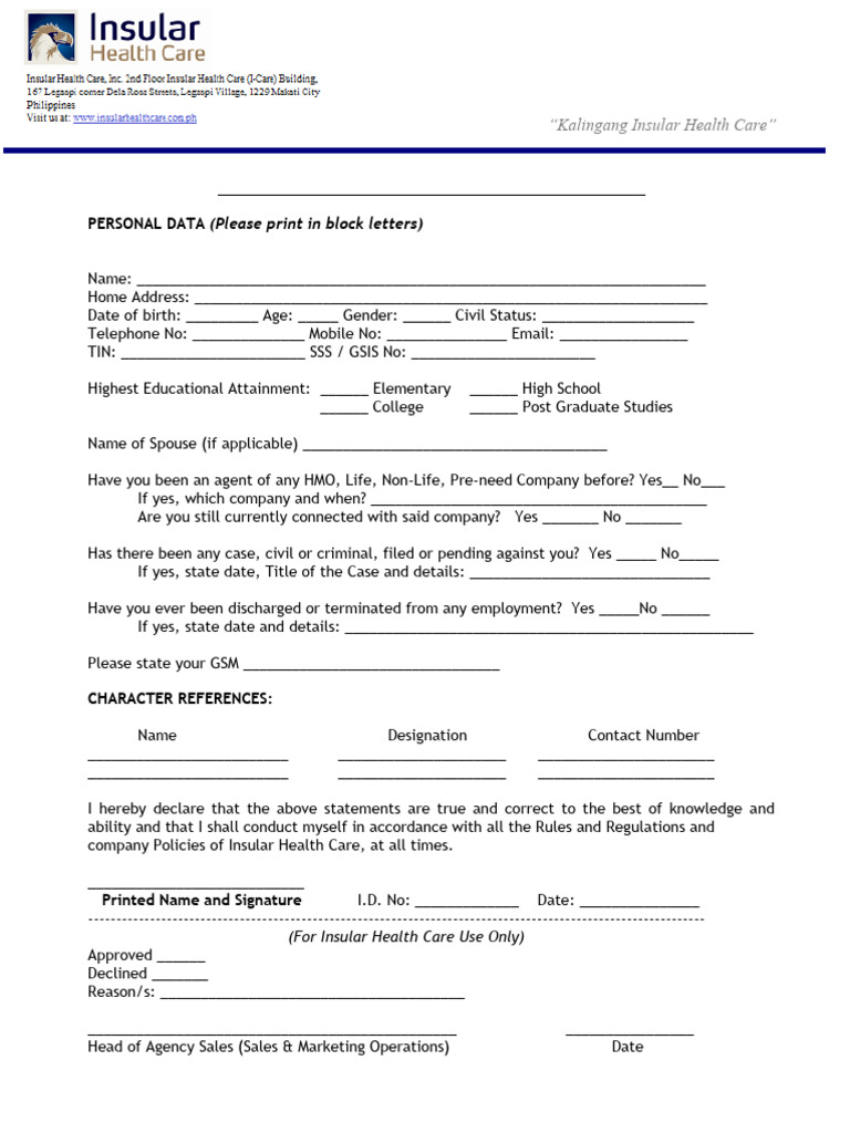 Unit Sales Manager Application Form | PDF | Health Maintenance ...