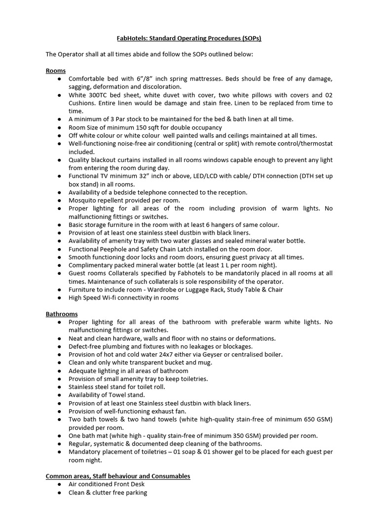 FabHotels Standard Operating Procedures | PDF | Bed | Bathroom