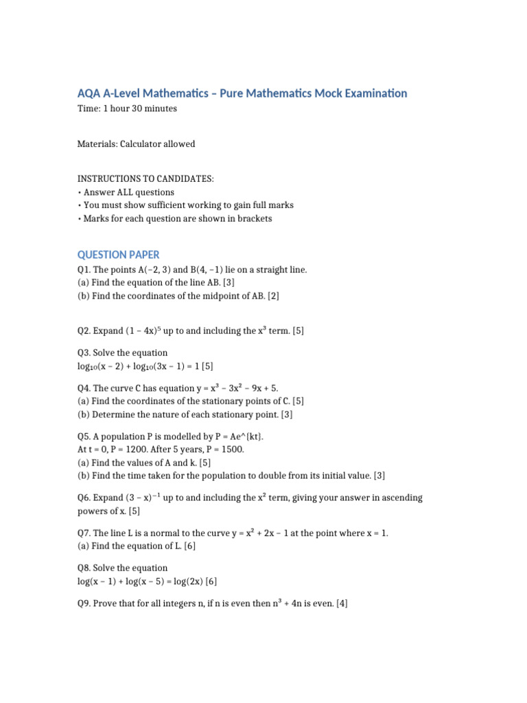 AQA A Level Maths Realistic 90 Min Mock | PDF