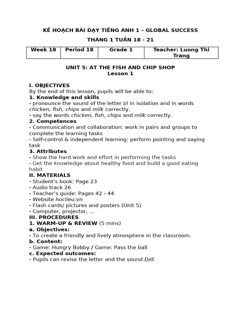 Grade 1 English Lesson Plan: Unit 5 | PDF | Teachers | Classroom