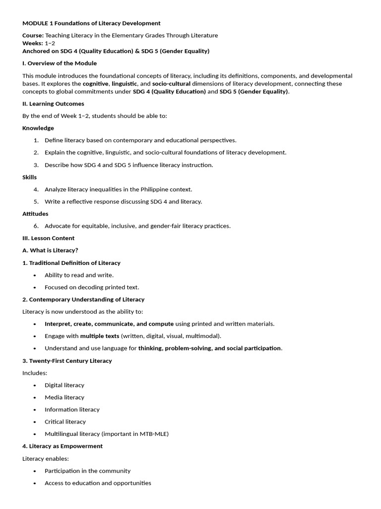 Foundations of Literacy Development Module | PDF | Literacy | Reading ...