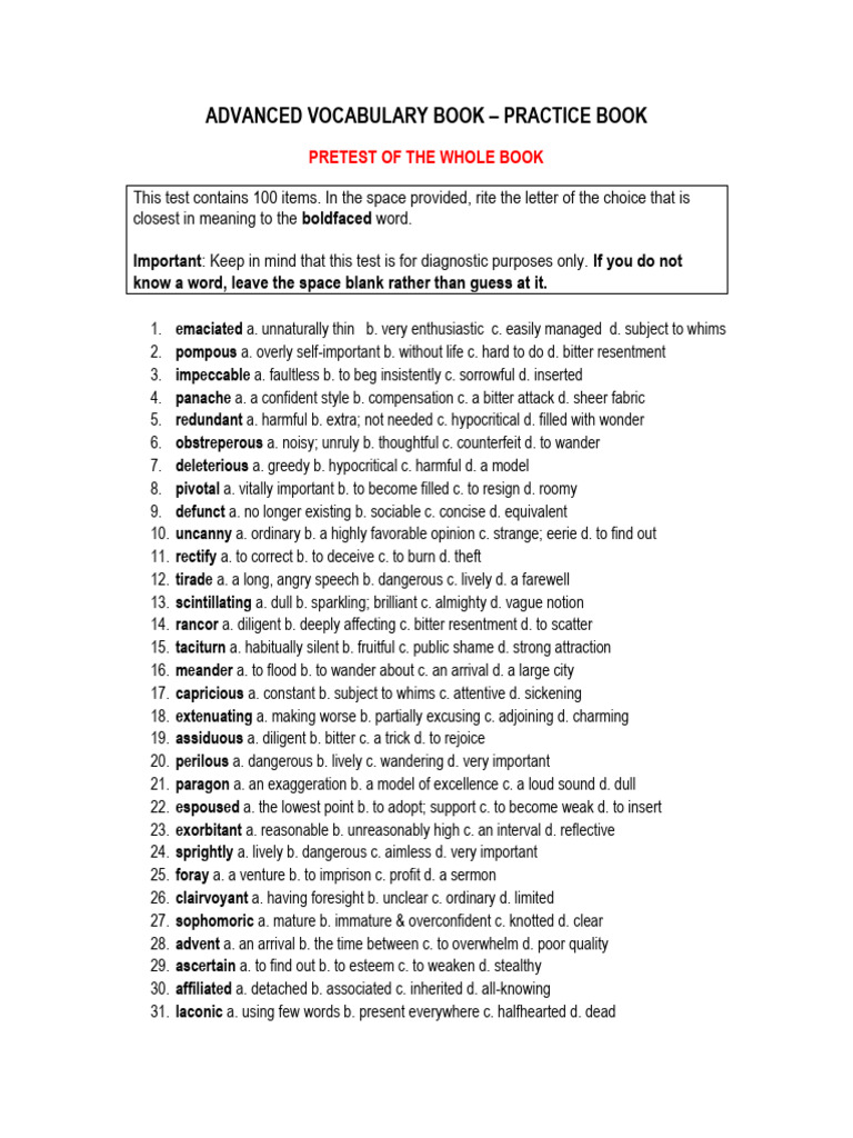 Advanced Vocabulary Practice Test | PDF | Greed | Narration