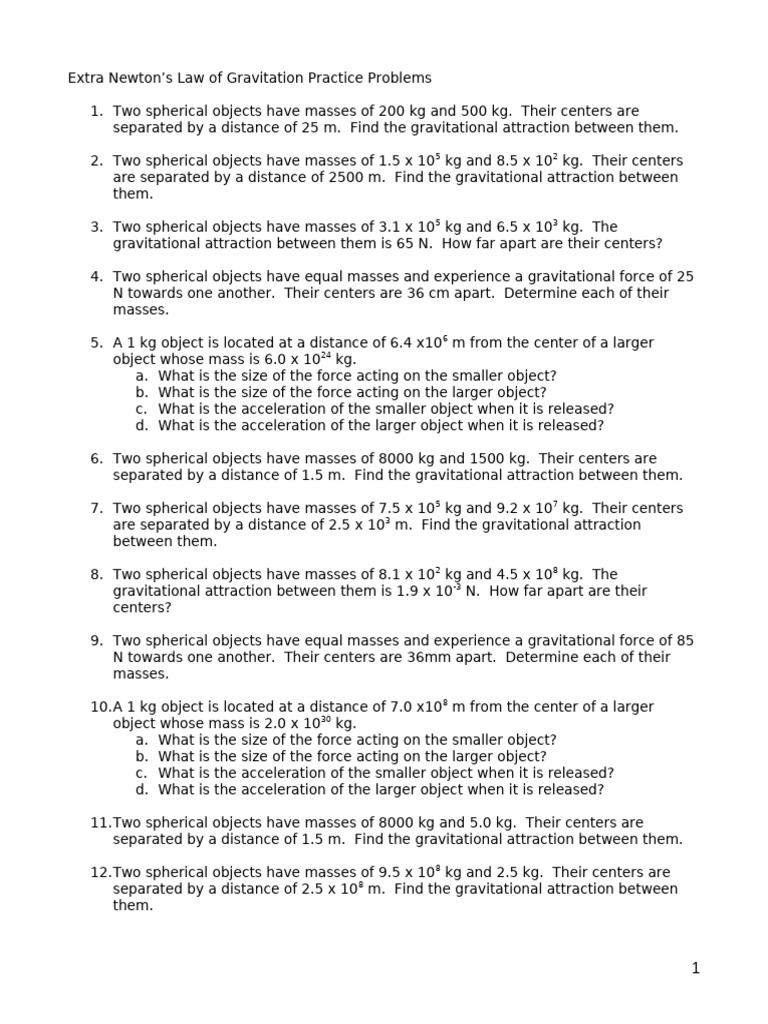 Newton's Law Gravitation Practice Problems | PDF | Force | Mass