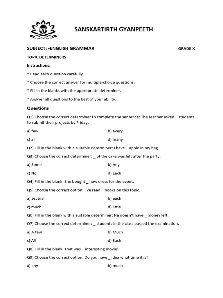 Grade X English Grammar: Determiners Quiz | PDF