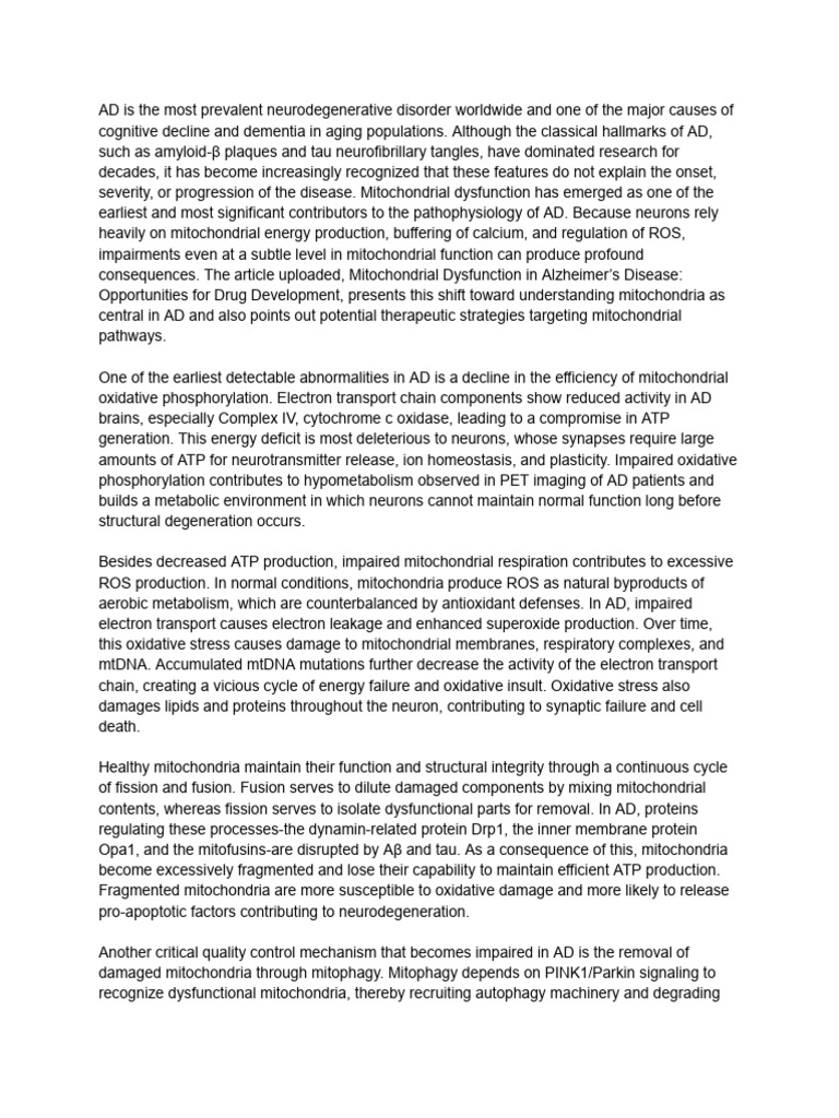 Mitochondrial Dysfunction in Alzheimer's Disease | PDF | Mitochondrion ...