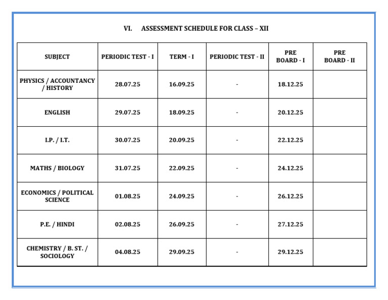 Class XII Assessment Schedule 2025 | PDF