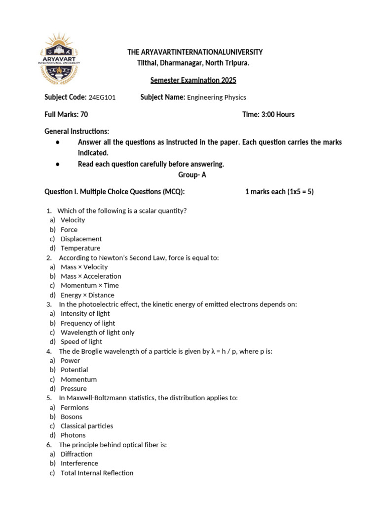 Engineering Physics Exam 2025 Guide | PDF | Light | Band Gap