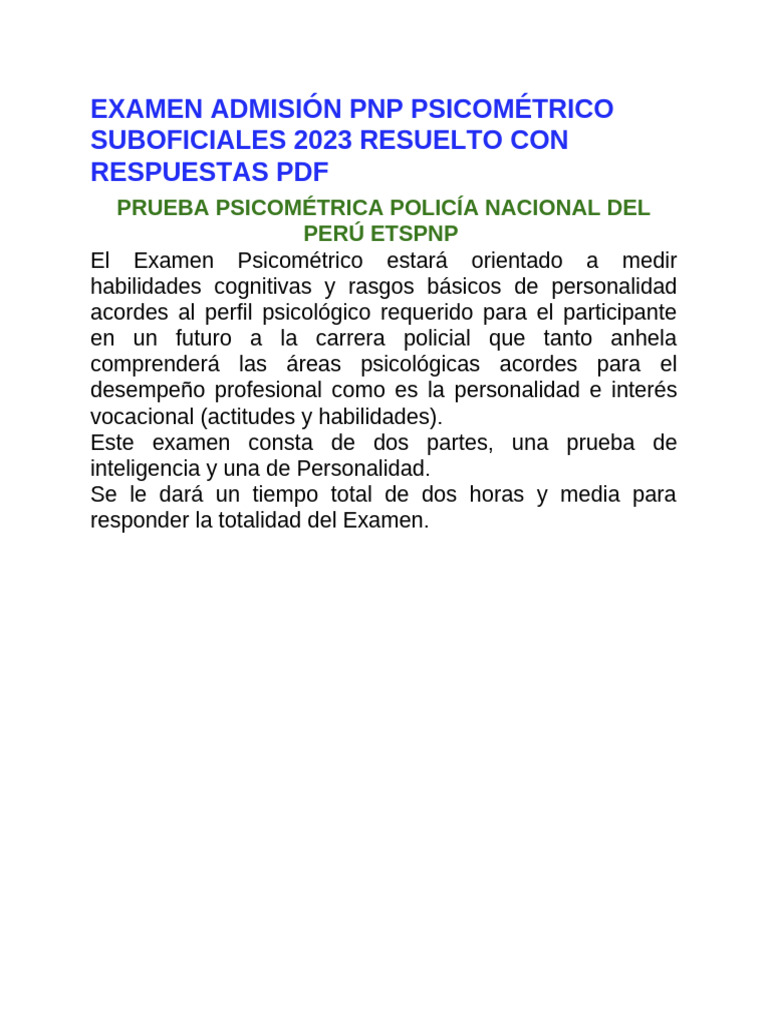 Examen Psicométrico PNP 2023 Resuelto | PDF