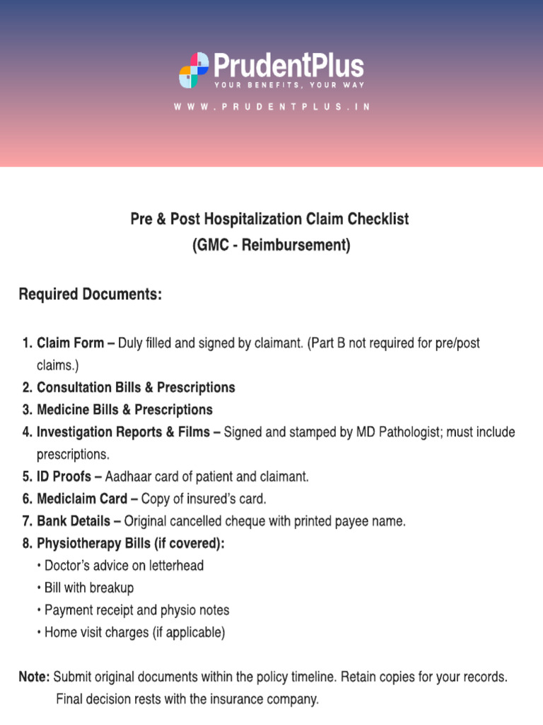 Hospitalization Claim Document Checklist | PDF