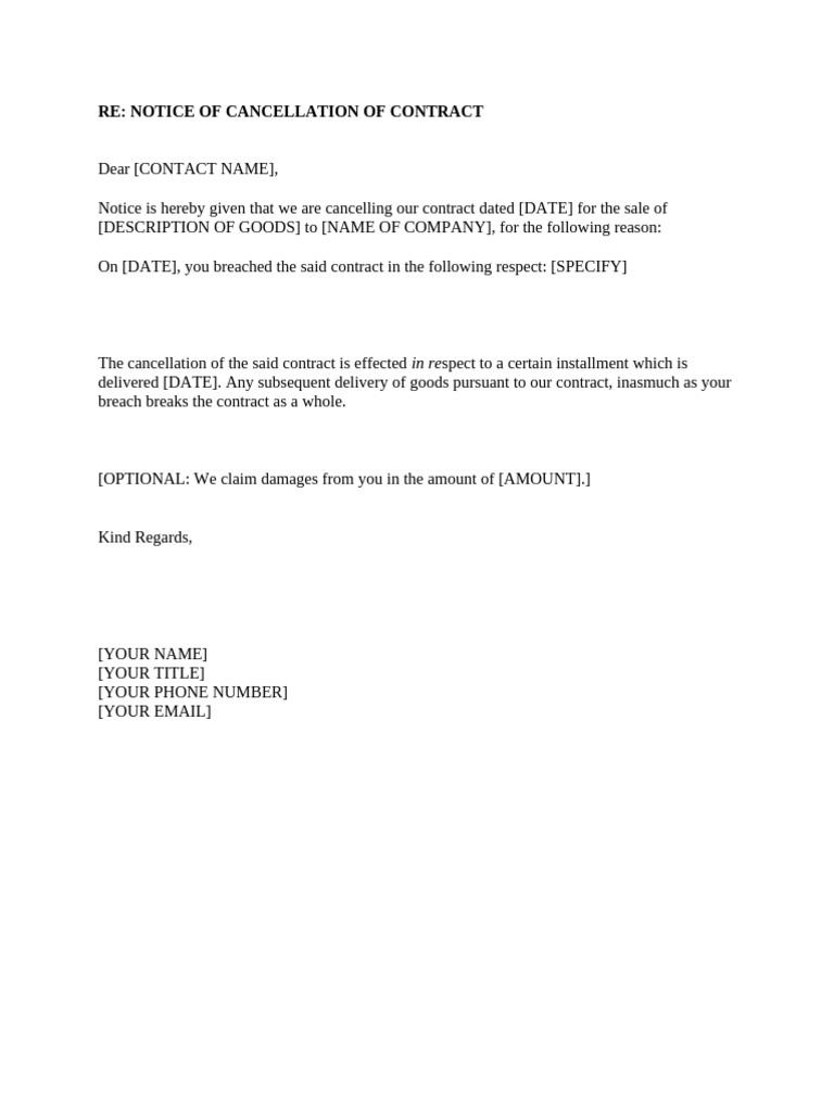 Contract Cancellation Notice Template | PDF