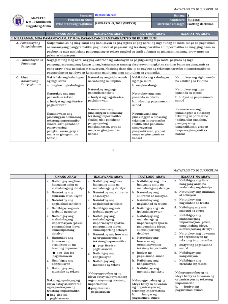 DLL Matatag - Filipino 3 - Q3 - W8 | PDF