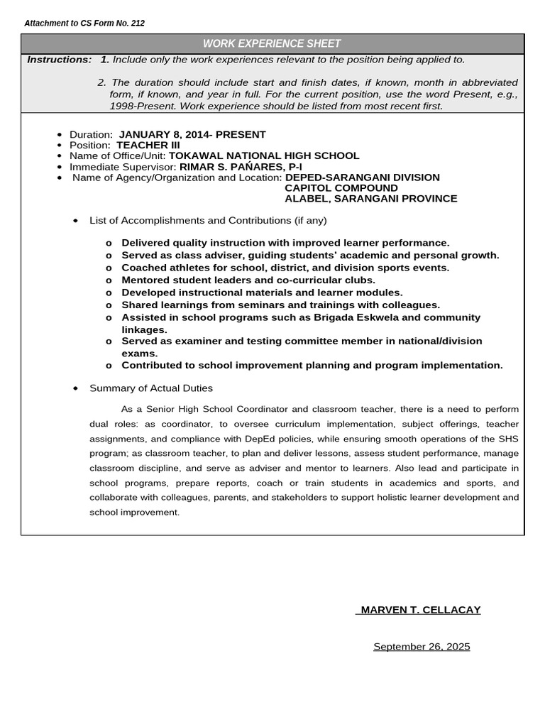 Teacher III Work Experience Summary | PDF | Teachers | Curriculum