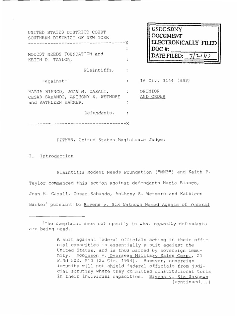 Modest Needs Foundation vs. Bianco et al. | PDF | Bivens V. Six Unknown ...