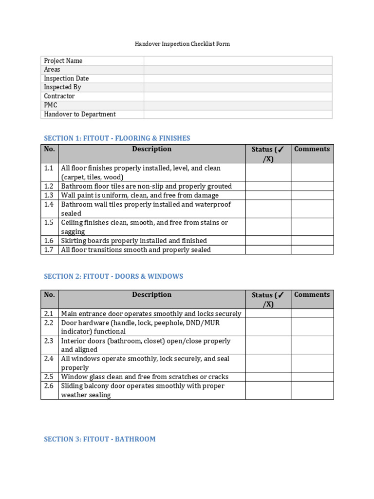 Handover Inspection Checklist Form | PDF | Bathroom | Lighting