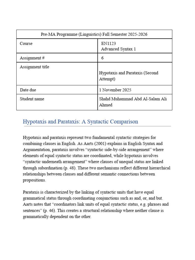 Hypotaxis vs. Parataxis in Syntax | PDF | Clause | Syntax
