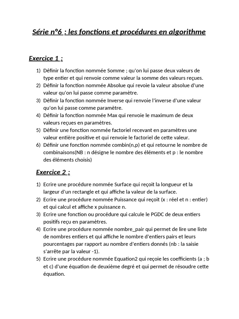Fonctions et procédures en algorithme | PDF