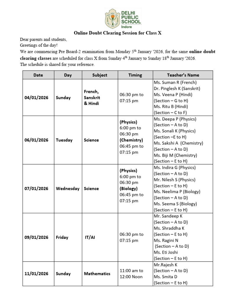Class X Online Doubt Clearing Sessions | PDF