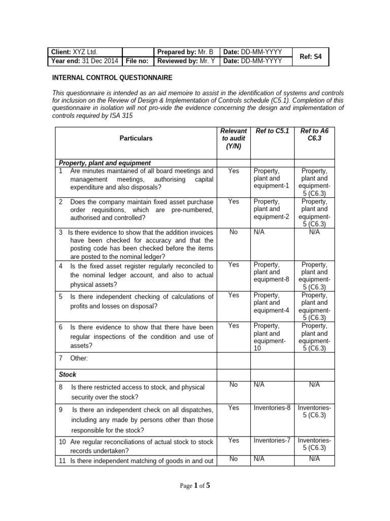 Internal Control Questionnaire Template | PDF | Audit | Cheque