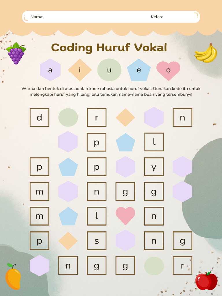 Coding Huruf Vokal Lembar Kerja Hijau Warna-Warni Pastel Lucu ...