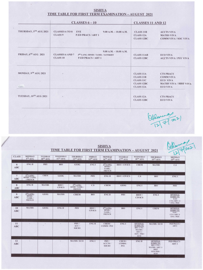 Time Table For First Term Exam | PDF