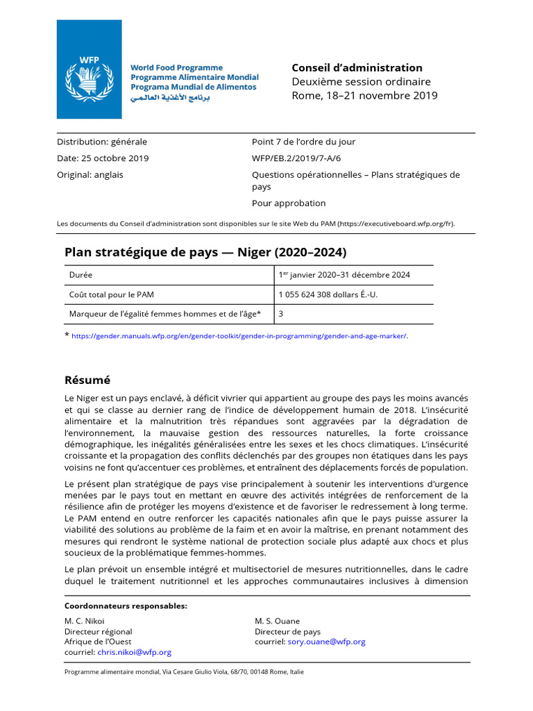 Plan stratégique PAM Niger 2020-2024 | PDF | Programme alimentaire ...