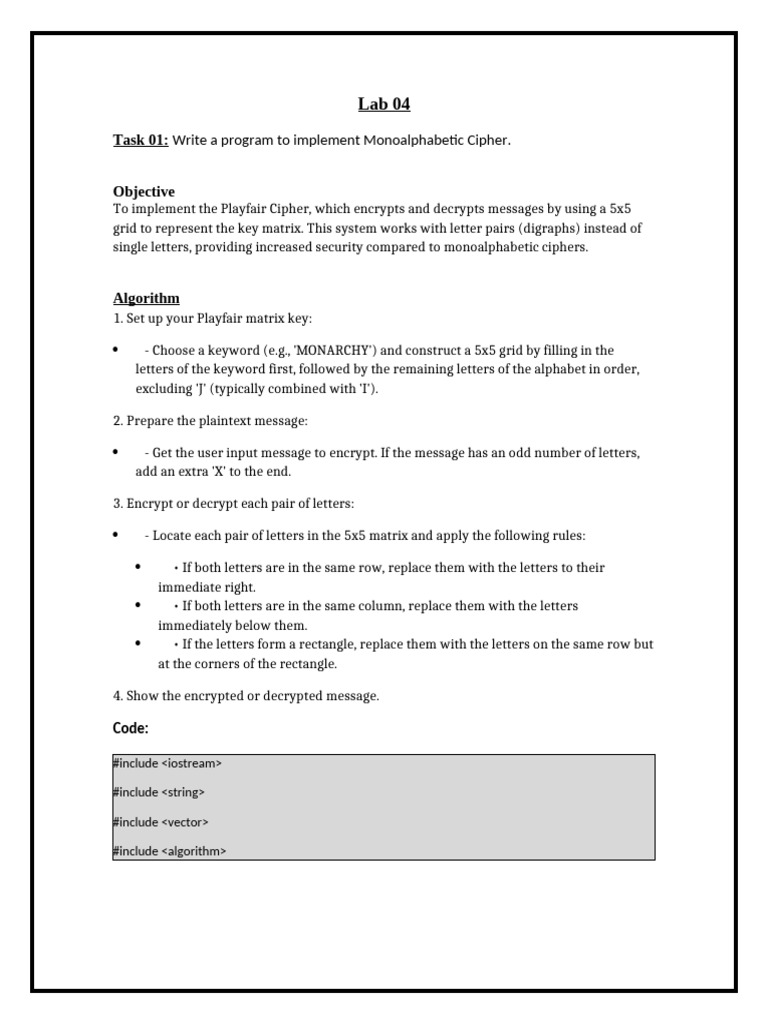Lab 04 - Playfair Cipher | PDF | Cipher | Secrecy