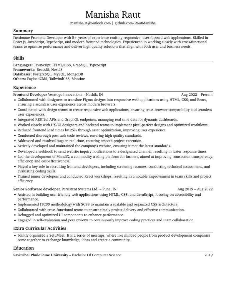 Frontend Developer Resume: Manisha Raut | PDF | Computer Science ...