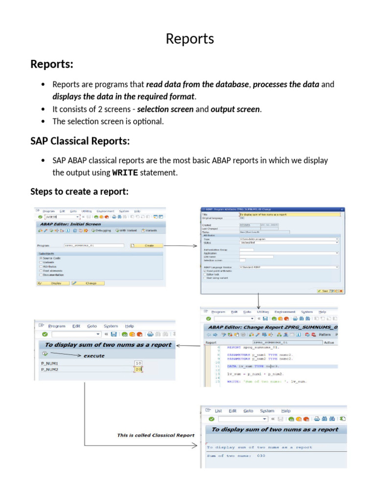 SAP ABAP Classical Reports Guide | PDF | Sql | Databases
