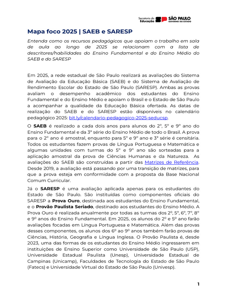 Mapa de Avaliações SAEB e SARESP 2025 | PDF | Matemática