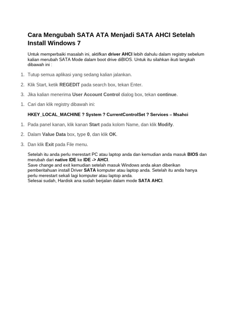 Ubah SATA ATA ke AHCI di Windows 7 | PDF