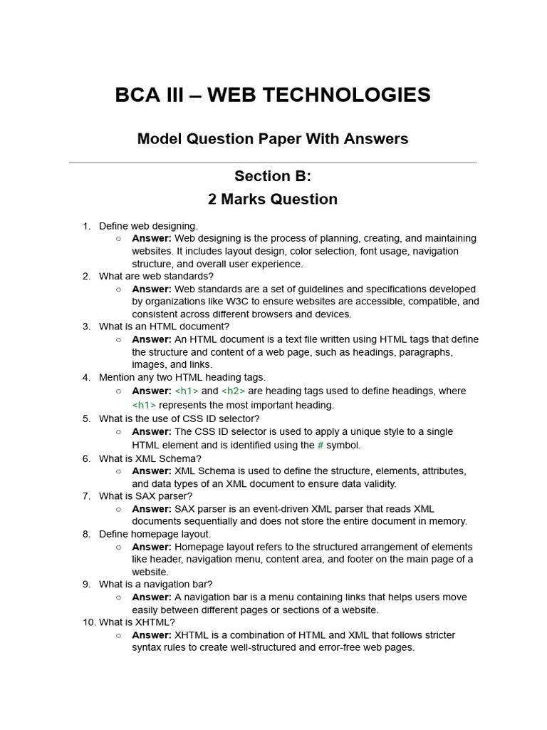 BCA III Web Technologies Question Paper | PDF | Html | Html Element