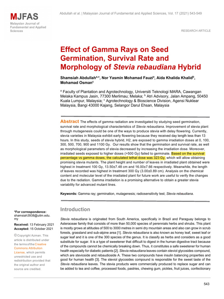 Gamma Rays Impact on Stevia Germination | PDF | Plant Breeding | Biology