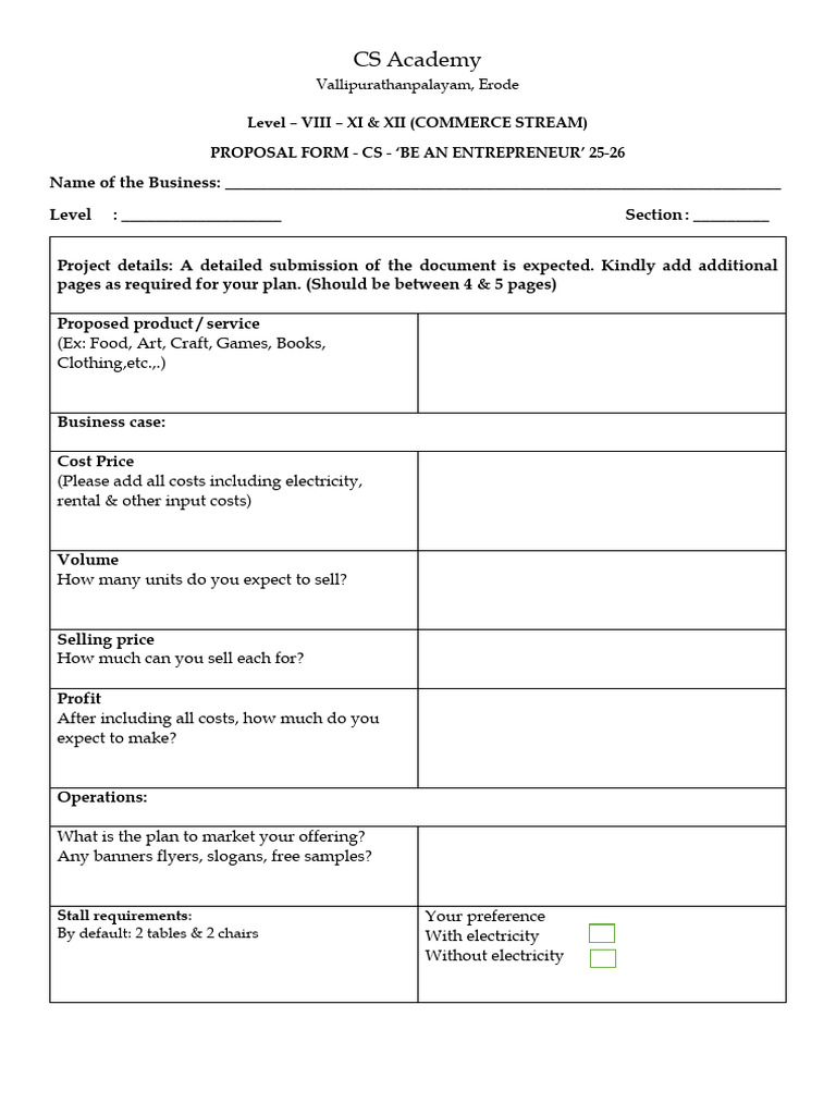 CS Academy Entrepreneurship Proposal Form | PDF