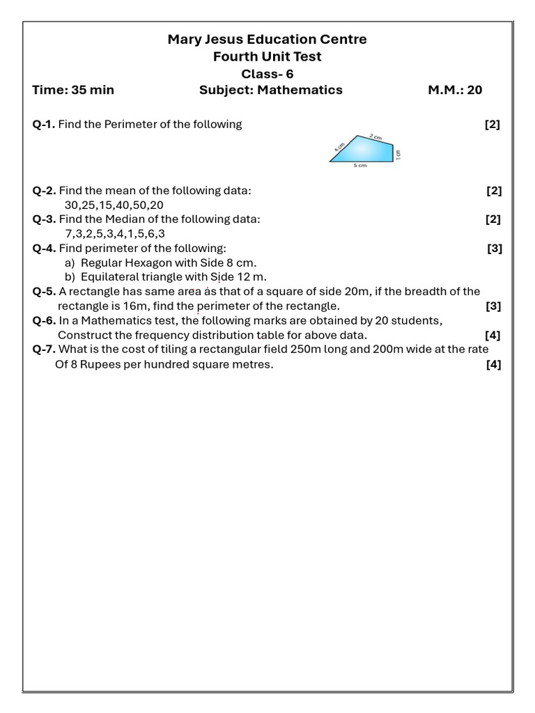 Class 6 Math Unit Test Questions | PDF