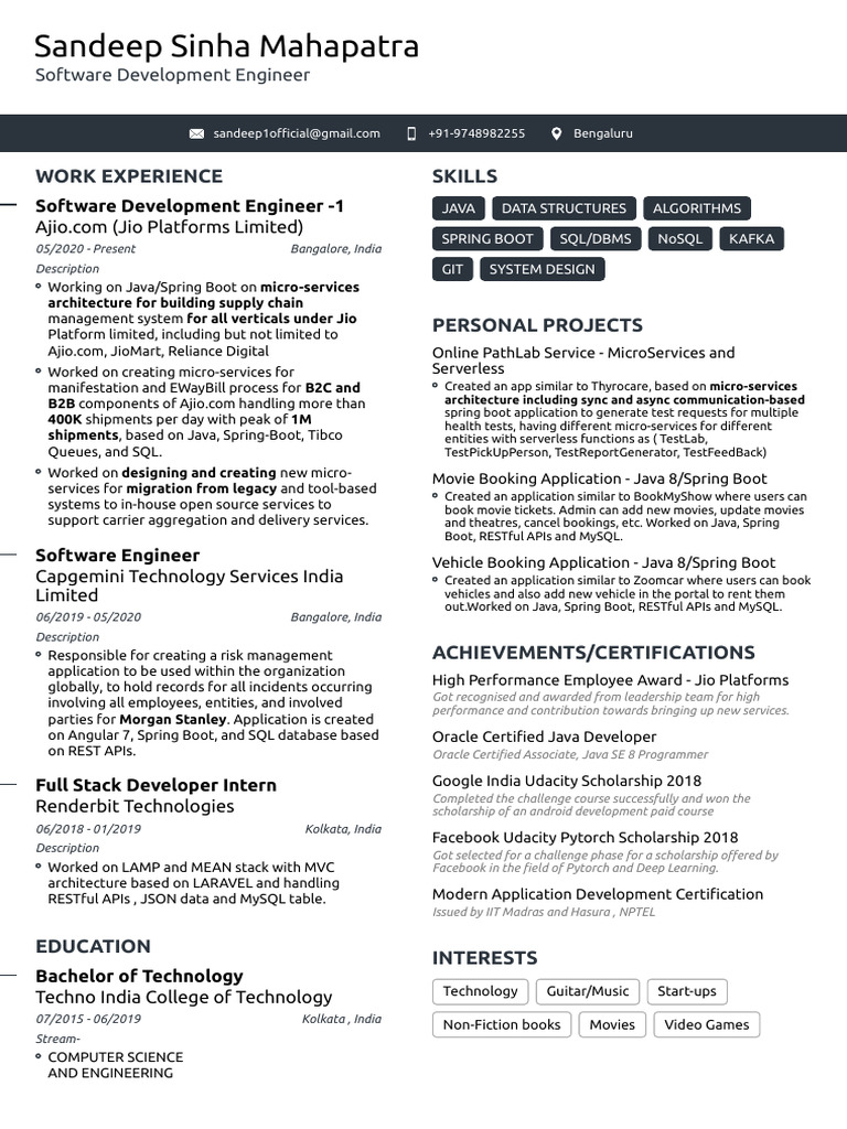 Sandeep Sinha Mahapatra: Software Engineer Profile | PDF | My Sql ...