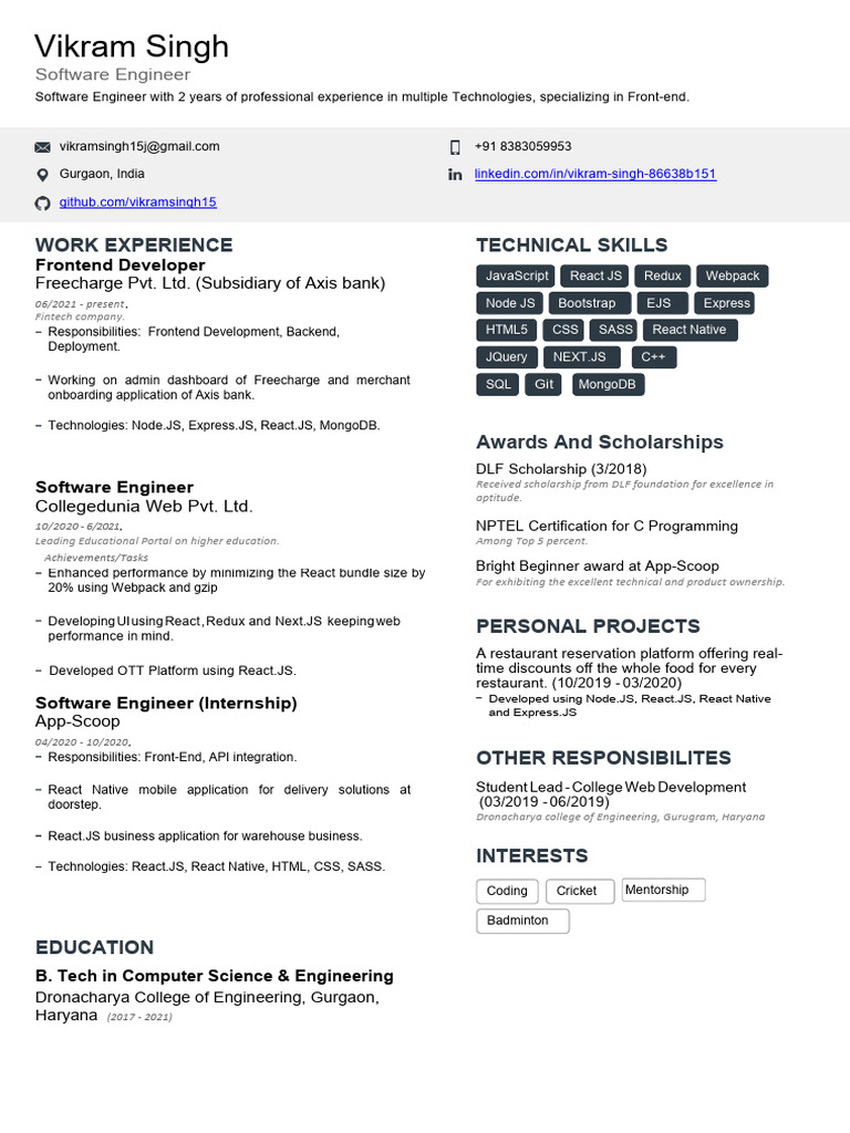 Vikram Singh: Frontend Developer Profile | PDF | Web Development ...