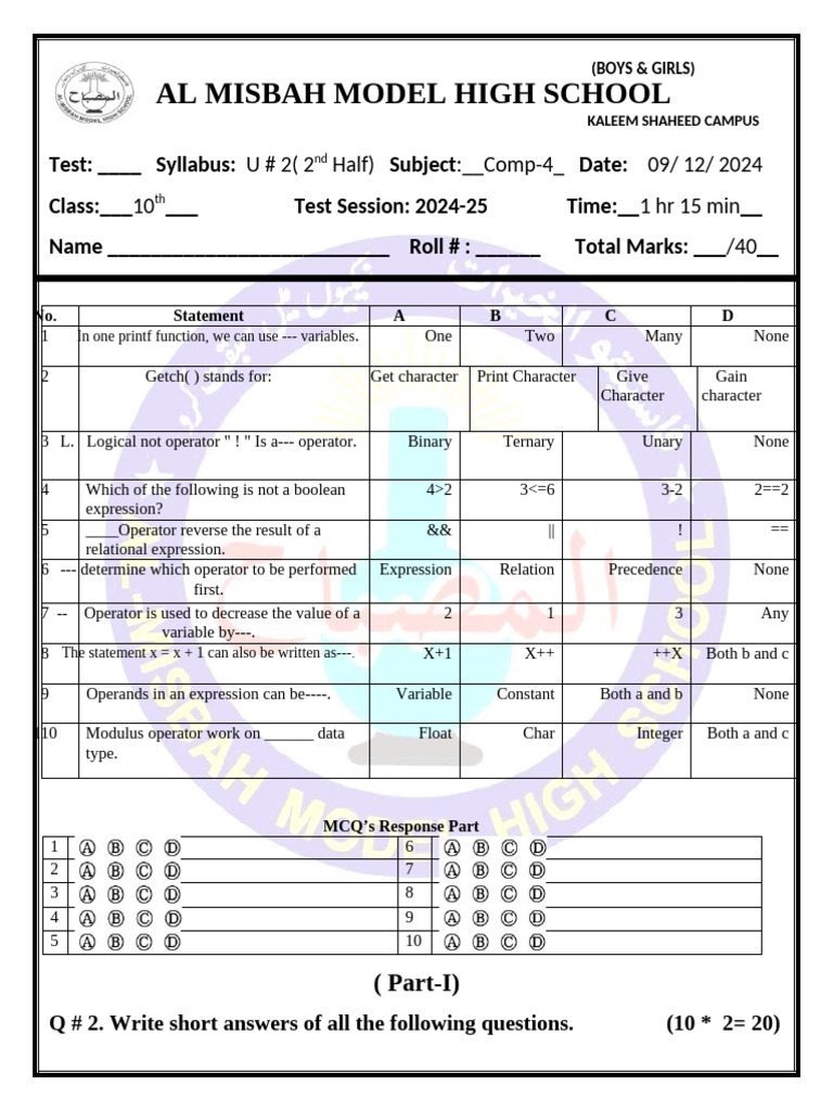 10th Grade C Programming Test Syllabus | PDF | Mathematical Logic | Logic