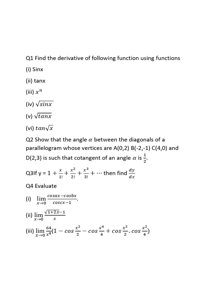 Class 11 Maths: Derivatives & Limits Practice | PDF