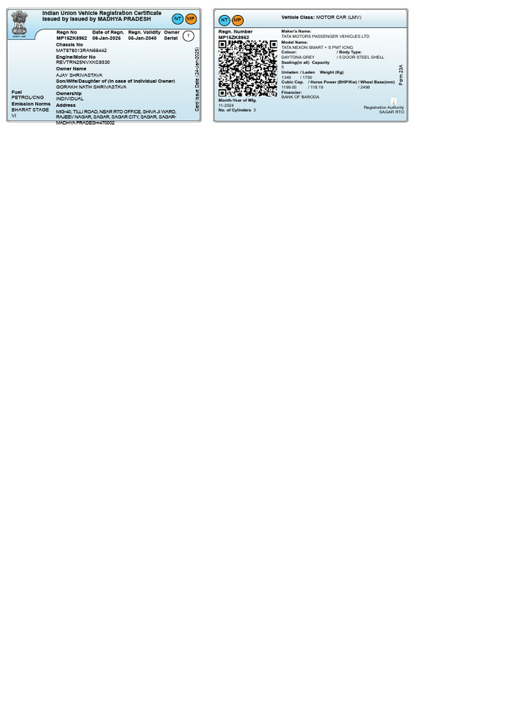 Madhya Pradesh Vehicle Registration Certificate | PDF | Automotive ...