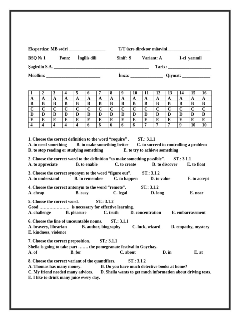 9th Grade English Exam Questions | PDF | Linguistics