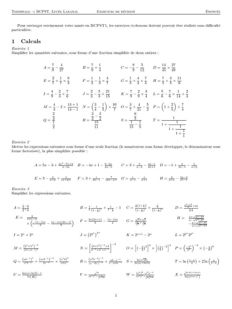 Exercices de révision BCPST Terminale | PDF | Mathématiques | Objets ...