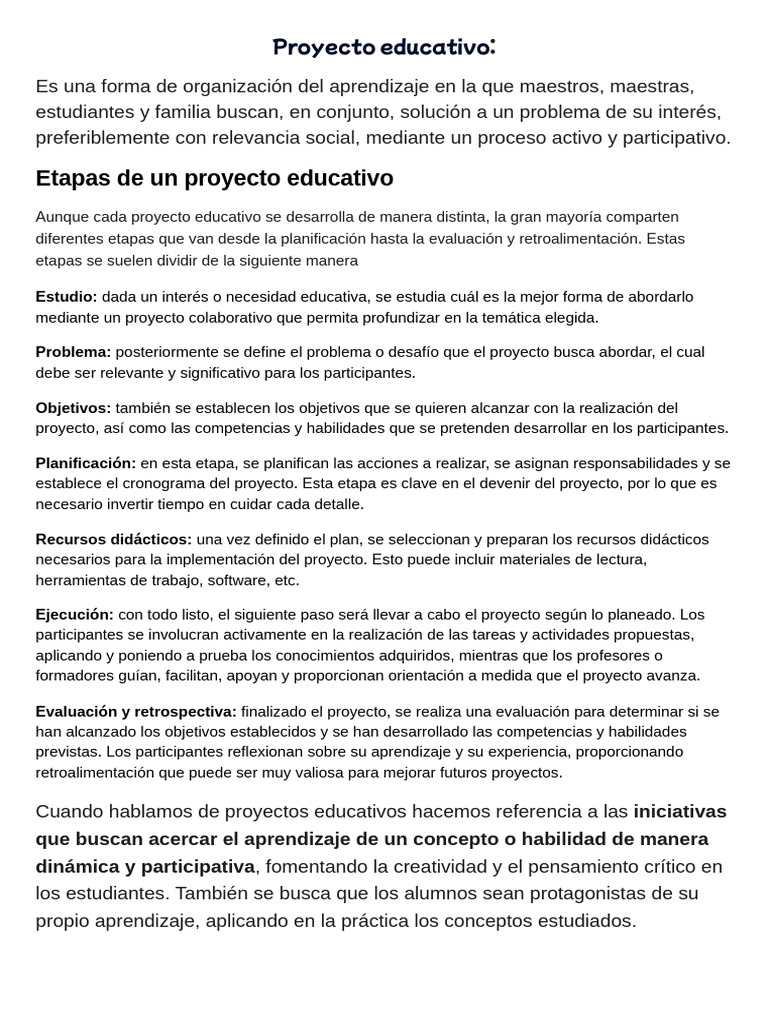 Etapas de un Proyecto Educativo Efectivo | PDF | Aprendizaje | Evaluación