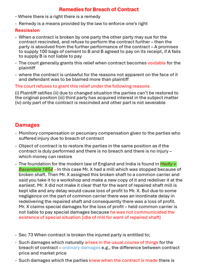 Remedies for Breach of Contract Explained | PDF | Damages | Legal Remedy