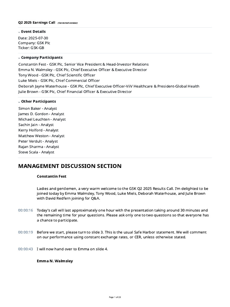 GSK Q2 2025 Earnings Call Summary | PDF | Clinical Trial | Medical ...