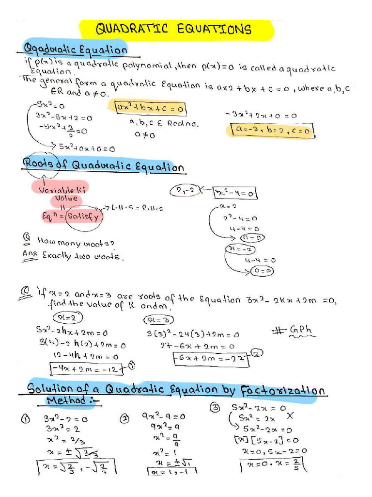 Quadratic Equations Handwritten Notes | PDF