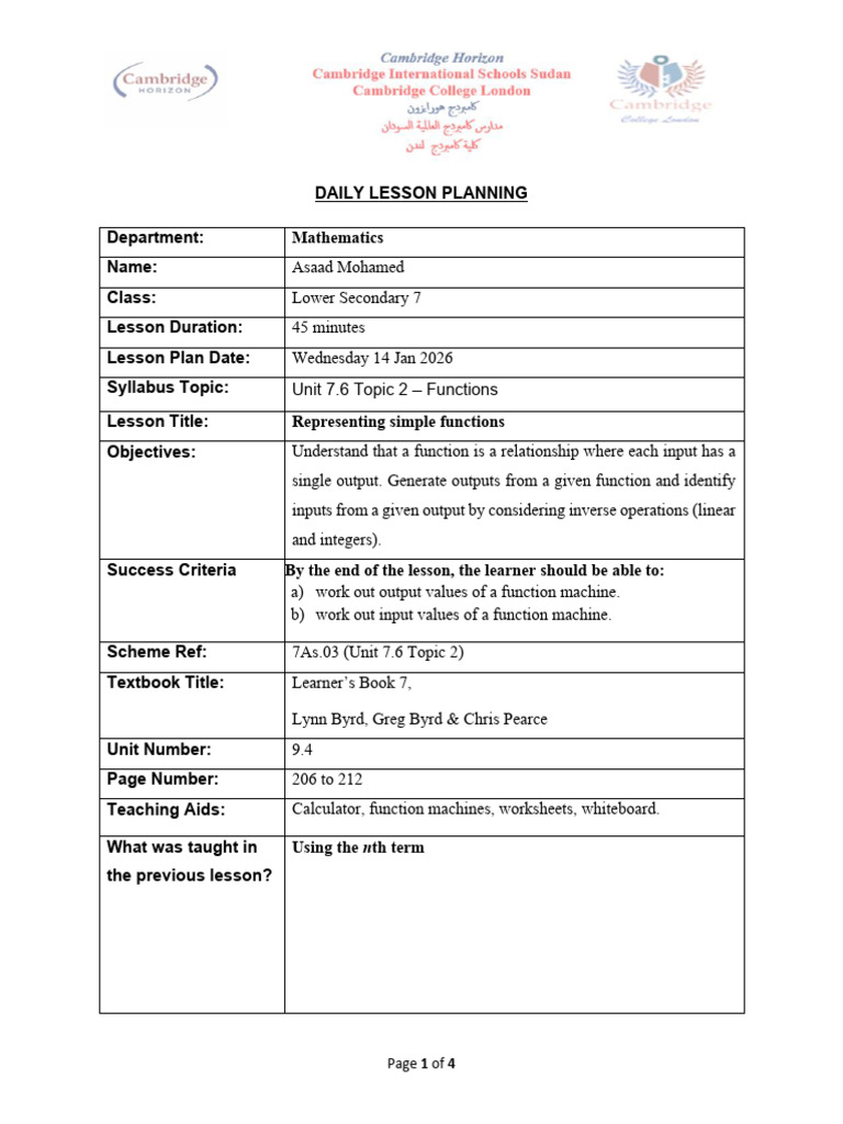 Daily Lesson Plan: Functions for 7th Grade | PDF | Function ...