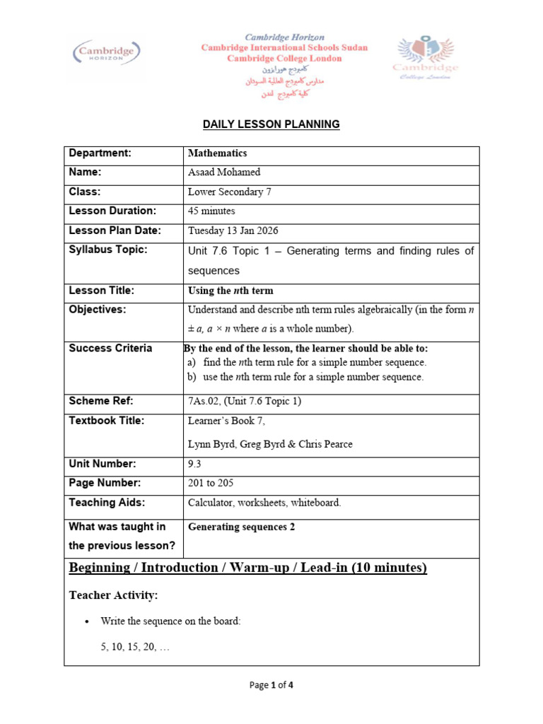 Nth Term Lesson Plan for Lower Secondary | PDF | Multiplication | Learning