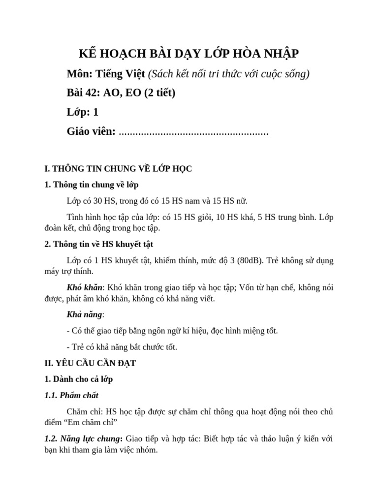 [GV] Kế Hoạch Bài Dạy Lớp Hòa Nhập Minh Họa | PDF